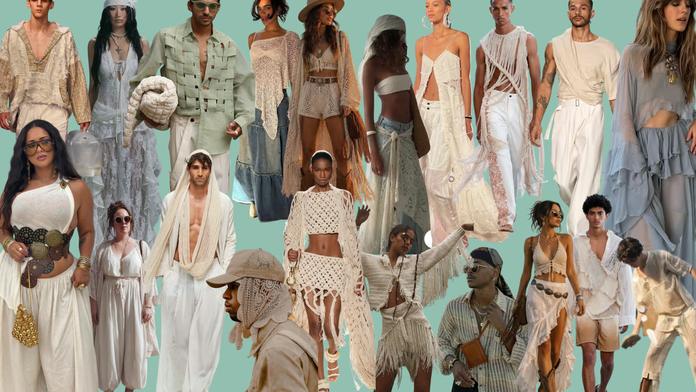 Referencias de look boho chic en tonos claros para el cóctel de bienvenida